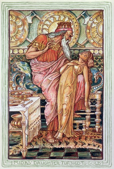 Koning Midas en zijn dochter veranderd in goud, illustratie uit De Griekse mythologische legende, gepubliceerd in Londen in 1910 door Walter Crane